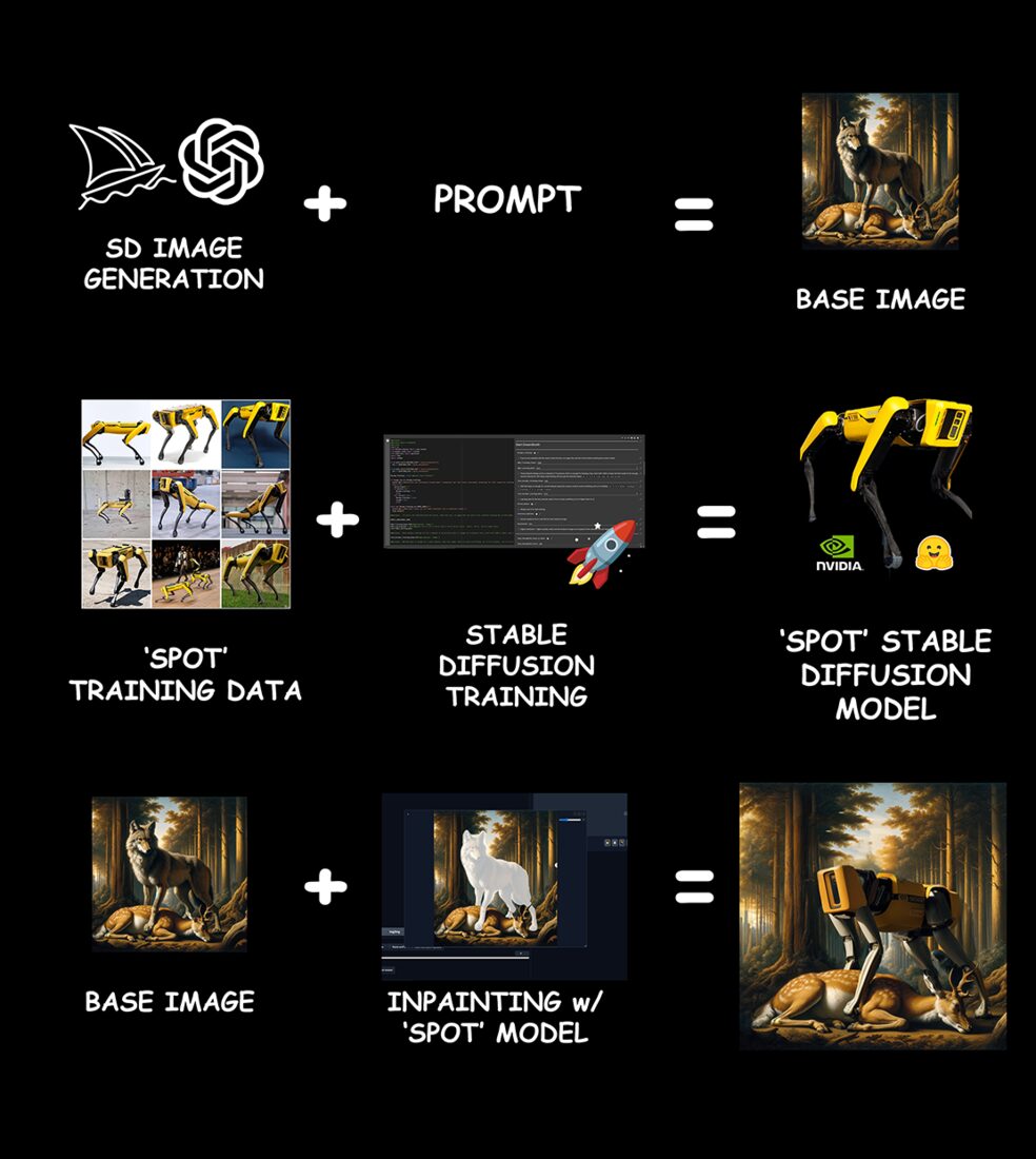 Pipeline: base image, custom Spot model, inpainting, result